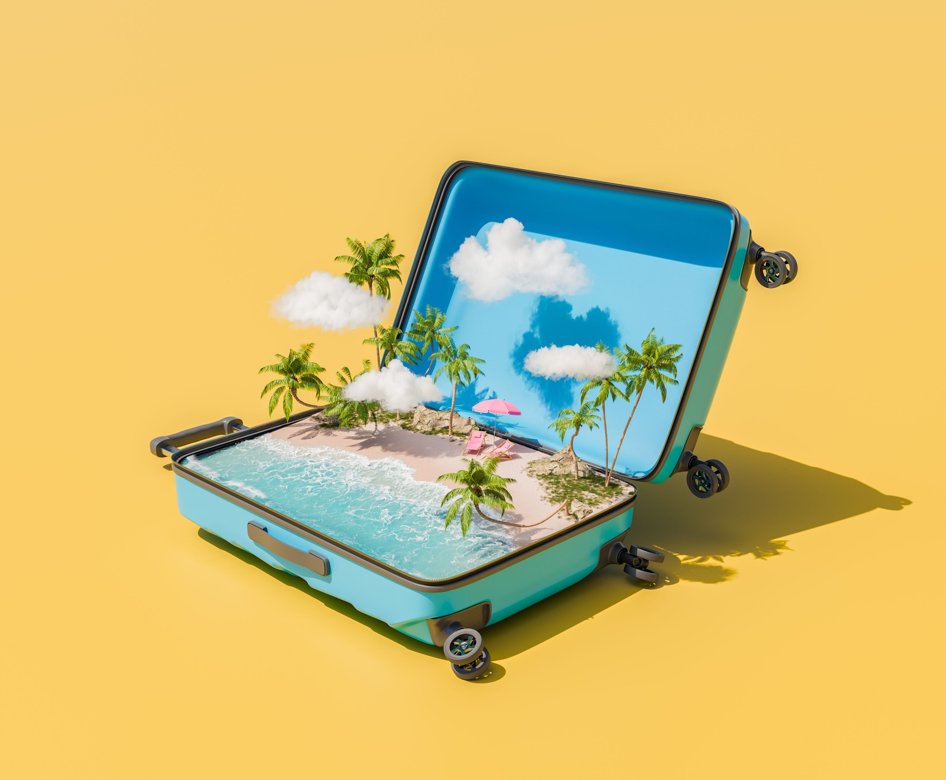Valise ouverte avec une oasis de plage tropicale miniature